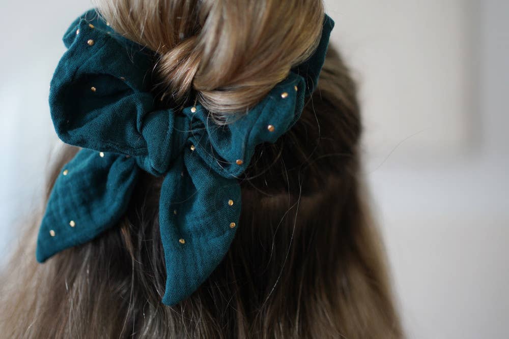 Dark Green Ivy Bow Scrunchie with Gold Polka Dots - Bohemian